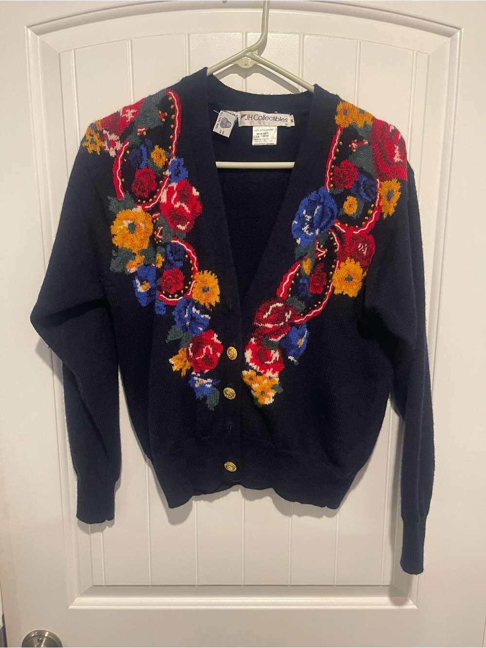 Vintage JH Collectibles Wool Floral Embroidered Cardigan Sweater Medium